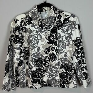 Carole Little Womens Black White Floral 100% Linen Blazer Jacket SZ XL Workwear